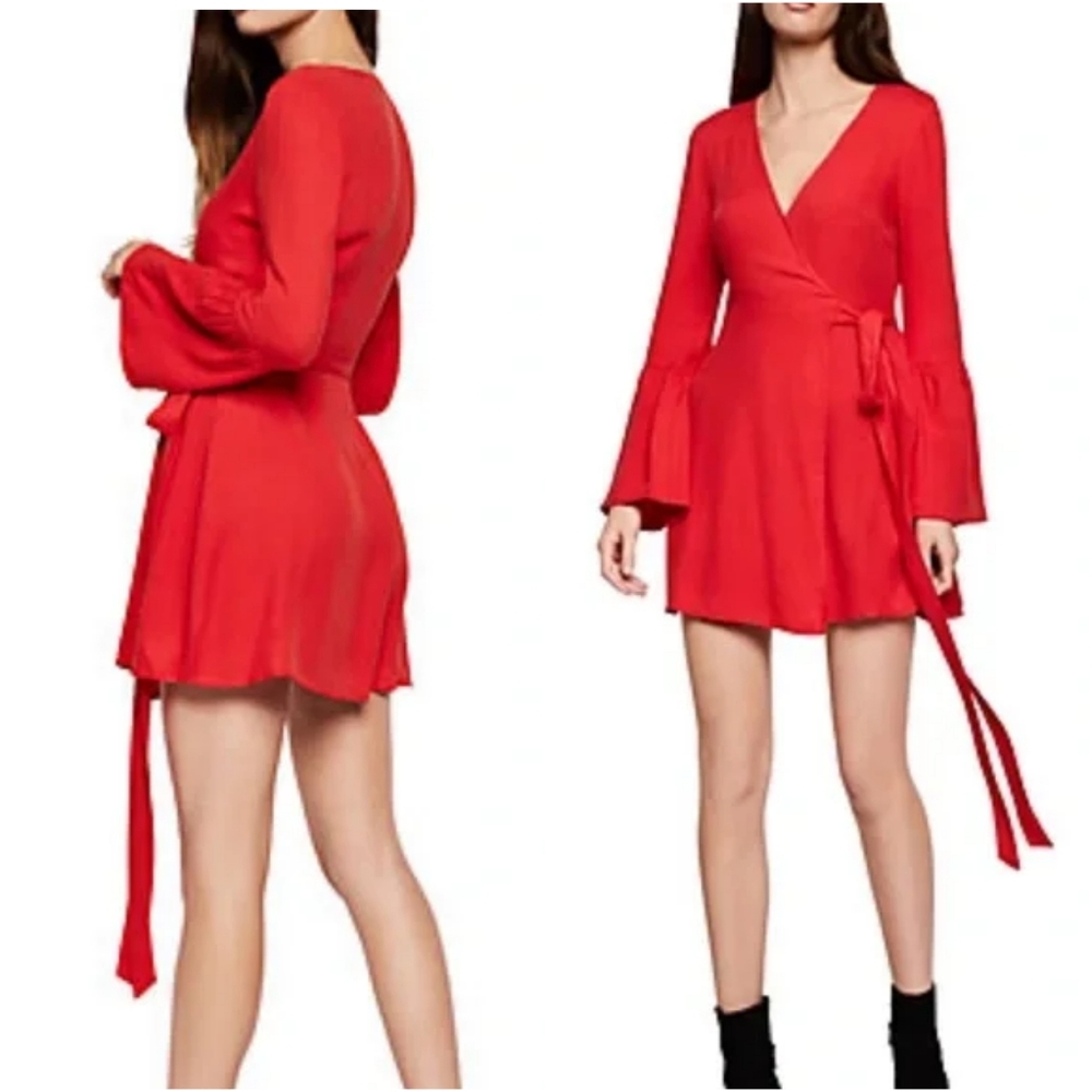 BCBGENERATION Bell Sleeve Wrap Dress in Ribbon Red